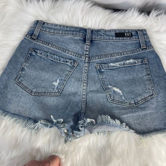Kut From The Kloth Jane Distressed Raw Hem Blue High Rise Shorts Sz 00 - Picture 6 of 11